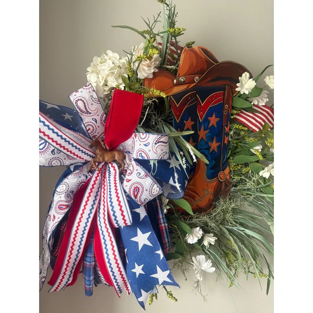 Patriotic Cowboy Wreath Western Boots Hat Front Door Decor Red, White Blue